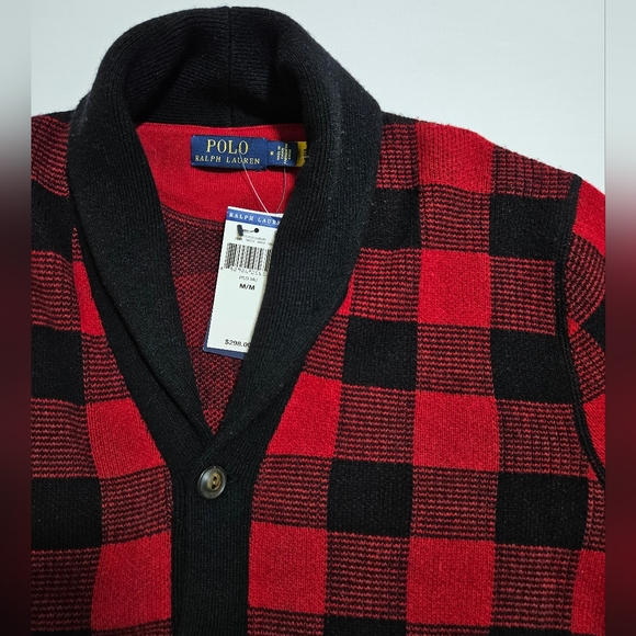 Polo Ralph Lauren 100% Wool Shawl Cardigan Sweater Red Black Check Plaid Medium - Picture 2 of 5